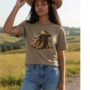 Y&F Tan Rhinestone Cowboy Boots flowers Graphic Tee S/M Western Country Bling